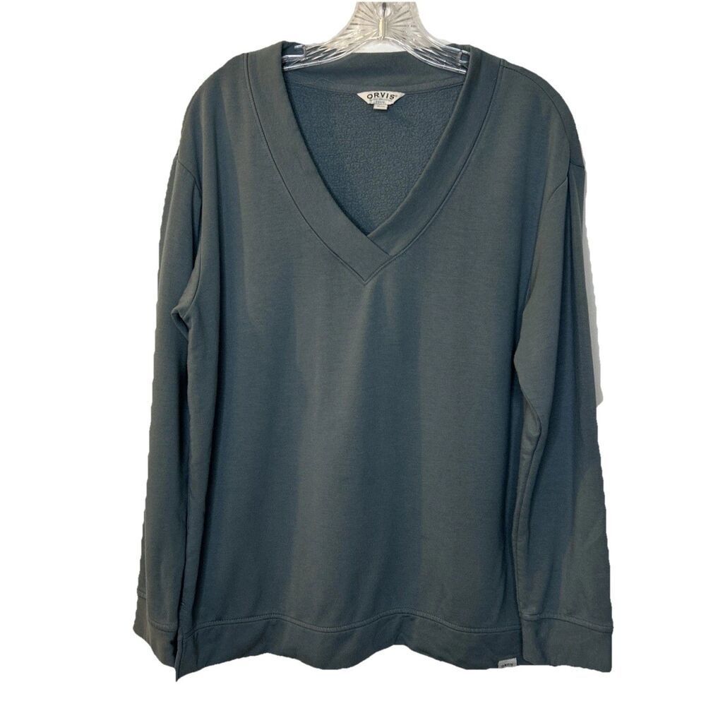 Orvis V Neck Sweatshirt Womens M Sage Green Dropped Shoulders Pullover Modal